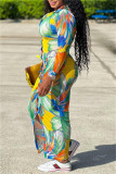 Grönt mode Casual Print Patchwork Turndown-krage långärmade klänningar
