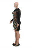 Black Fashion Sexy Patchwork Sequins See-through Half A Turtleneck Long Sleeve Dresses