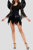 Vestidos sensuais de retalhos de moda de Halloween pretos transparentes assimétricos com decote em U mangas compridas
