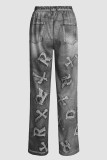 Grijze Street Print Make Old Patchwork Denim Jeans Met Hoge Taille