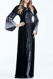 ブラック ハロウィン ファッション カジュアル プリント パッチワーク 小帯フード付きカラー ロング スリーブ ドレス