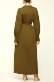 アーミーグリーン ファッション カジュアル ソリッド パッチワーク ベルト ターンダウン カラー ロング スリーブ ドレス