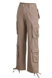 Calças retas de cor sólida Khaki Street bolso de retalhos cintura alta retas