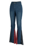 Blaue, lässige Street-Print-Patchwork-Denim-Jeans mit hoher Taille