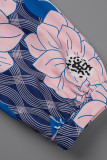 Blauwe casual elegante print patchwork O-hals kokerrokjurken (bevatten de riem)