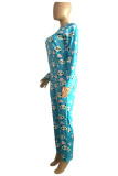 ディープブルー ファッション カジュアル リビング プリント パッチワーク Oネック 長袖 ツーピース