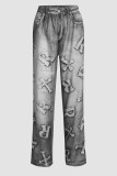 Grijze Street Print Make Old Patchwork Denim Jeans Met Hoge Taille