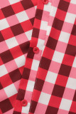 Tops de cuello oblicuo asimétrico de patchwork con estampado de cuadros casuales rojos