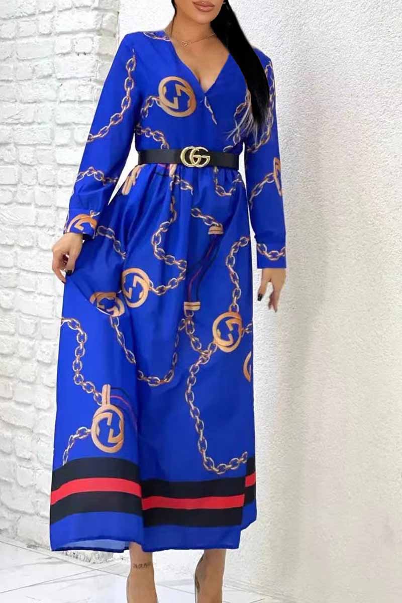 

Blue Fashion Casual Print Letter V Neck Shirt Dress Dresses