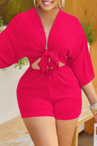 Rose Red Fashion Casual Solid Bandage Hollowed Out Patchwork V Neck Regular Front Tie Romper