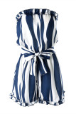 Blue Fashion Casual Striped Print Patchwork Backless Strapless Regular Rompers