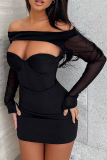 Vestidos de falda de tubo con hombros descubiertos de malla sólida sexy negra