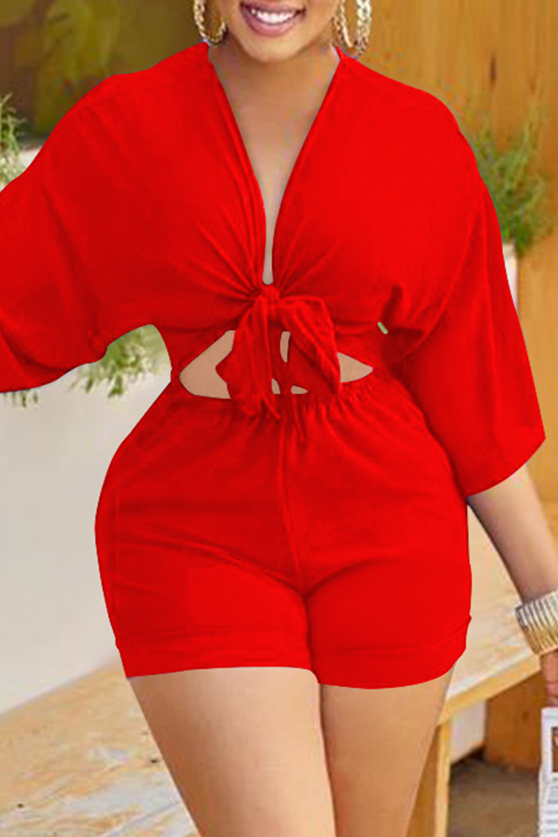 

Red Fashion Casual Solid Bandage Hollowed Out Patchwork V Neck Regular Romper