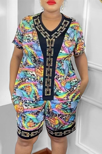 Bleu Mode Casual Imprimer Patchwork Hot Drill V Neck Plus Size Two Pieces