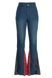 Blaue, lässige Street-Print-Patchwork-Denim-Jeans mit hoher Taille