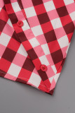 Tops de cuello oblicuo asimétrico de patchwork con estampado de cuadros casuales rojos