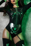 Macacão skinny preto moda Halloween estampa sexy patchwork com decote