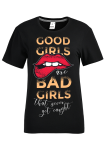 T-shirts noirs à col rond et patchwork imprimés Fashion Street Lips