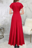 Red Elegant Solid Patchwork Flounce Asymmetrical V Neck Straight Dresses