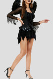 Schwarze Halloween-Mode, sexy Patchwork, durchsichtige, asymmetrische, langärmlige Kleider mit U-Ausschnitt