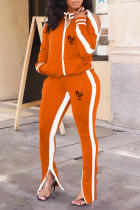 オレンジ カジュアル プリント スリット ジッパー カラー 長袖 XNUMX ピース