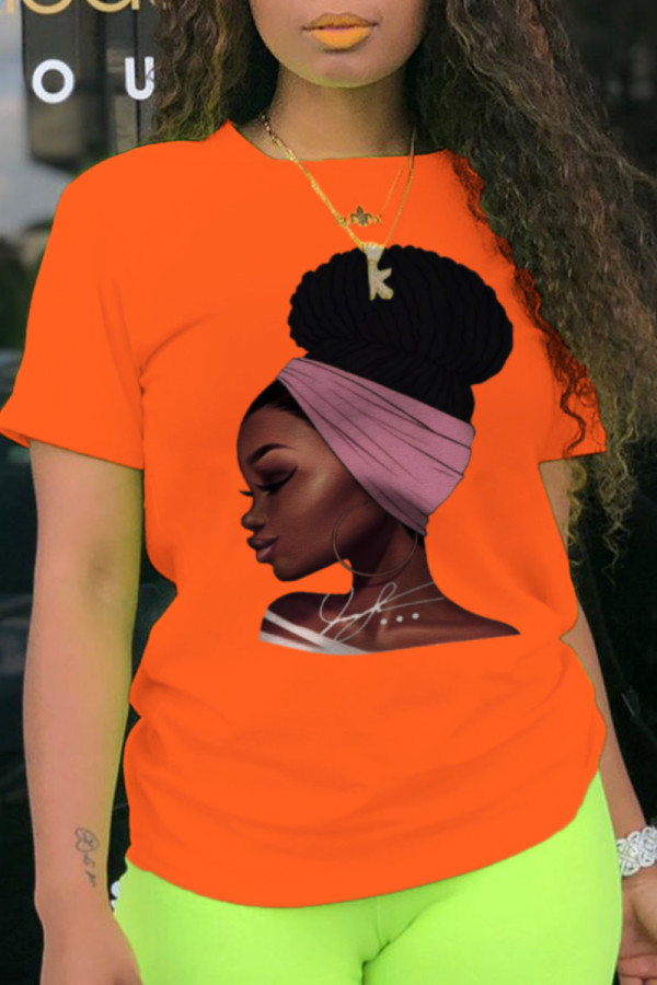 オレンジファッションヴィンテージプリントパッチワークOネックTシャツ
