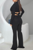 Black Sexy Solid Bandage Patchwork Asymmetrical Turn-back Collar Long Sleeve Two Pieces