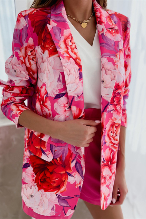 Mode décontractée rose rouge sans positionnement imprimé patchwork cardigan col rabattu vêtements d'extérieur
