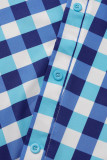 Blusas de gola oblíqua assimétrica com estampa xadrez casual azul