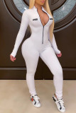 White Fashion Casual Sportswear Letter Print Patchwork Zipper Collar Skinny Jumpsuits