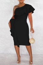 ブラック ファッション カジュアル 無地 パッチワーク バックレス 斜め襟 半袖ドレス