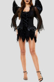 Svart Halloween Mode Sexigt Patchwork Genomskinliga asymmetriska U-hals långärmade klänningar