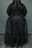 Vestidos de tamanho grande casual com fivela de patchwork sólido preto