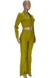Green Sexy Solid Bandage Patchwork Asymmetrical Turn-back Collar Long Sleeve Two Pieces