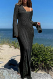 Zwarte mode effen patchwork V-hals rechte jurken