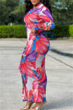 Rosa Mode Casual Print Patchwork Turndown-krage Långärmade klänningar