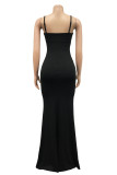 ブラックファッションセクシーなソリッドバックレススリットスパゲッティストラップイブニングドレス