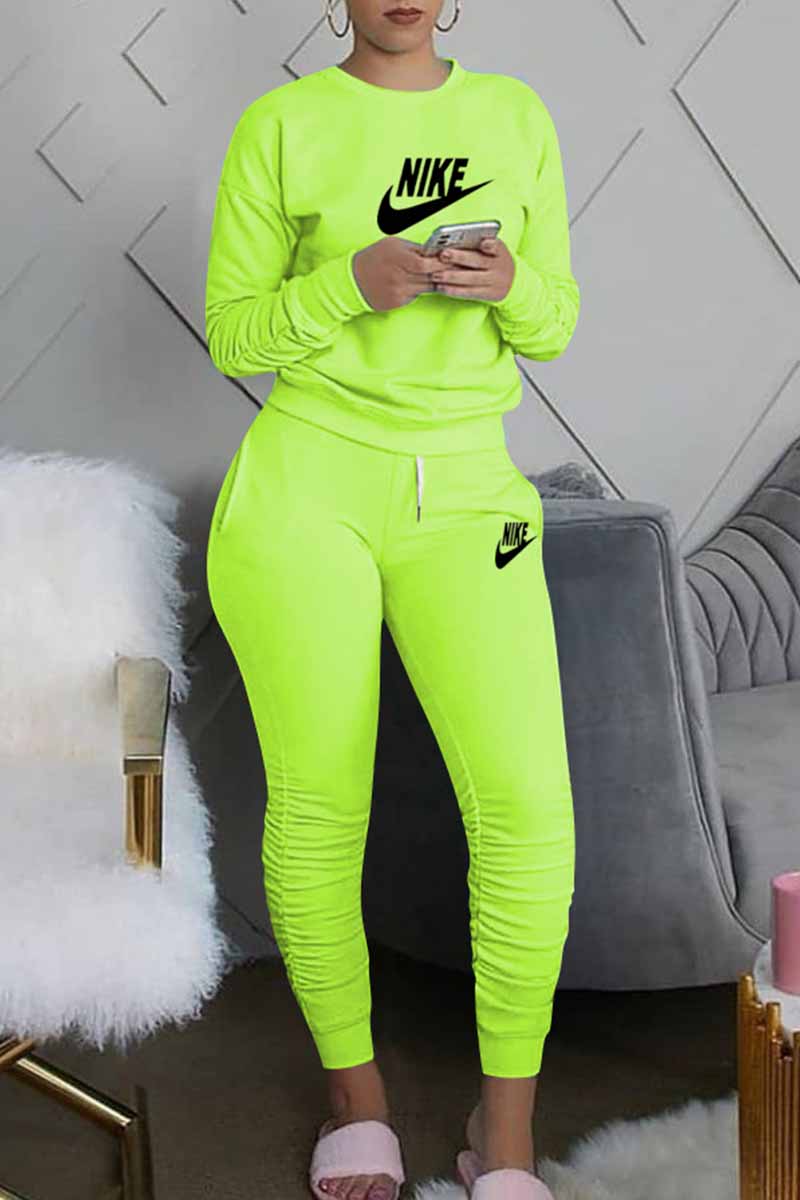 

Fluorescent Green Fashion Casual Print Letter O Neck Long Sleeve Two Pieces