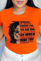 Orangefarbene Patchwork-T-Shirts mit O-Ausschnitt im Street-Print