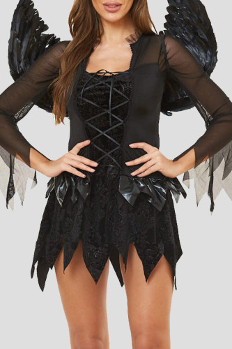 Black Halloween Tunic U Neck Mesh Long Sleeve Festival Performance Wear With Wings Set A line Dress