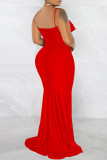 Red Fashion Sexy Solid Backless Slit Spaghetti Strap Evening Dress