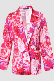 Rosa roja Moda Casual Sin posicionamiento Impreso Patchwork Cardigan Turn-back Collar Prendas de abrigo