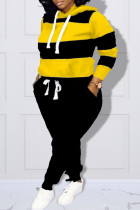 Zwart Geel Mode Casual Patchwork Patchwork Hooded Kraag Plus Size Twee Stukken