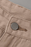 Calças retas de cor sólida Khaki Street bolso de retalhos cintura alta retas