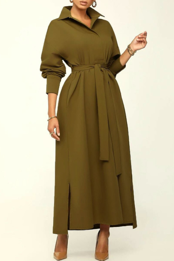 Army Green Fashion Casual Solid Patchwork With Belt Turndown Collar Long Sleeve Dresses