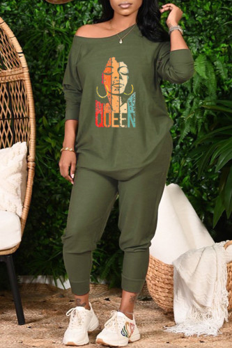 Army Green Fashion Casual Print Patchwork O Neck Long Sleeve Two Pieces
