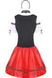 ブラック レッド ハロウィン ファッション パーティー パッチワーク 小帯 スクエア カラー ショート スリーブ ドレス