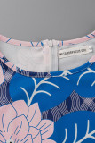 Vestidos de falda de lápiz con cuello en O de retazos con estampado elegante informal azul (contienen el cinturón)