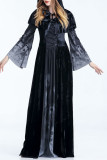 Черный Хэллоуин мода повседневная печать пэчворк уздечка с капюшоном воротник платья с длинным рукавом