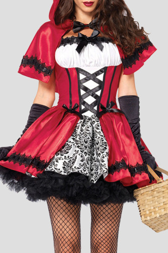 Rode Halloween Mode Patchwork Uitgehold Met Strik Hooded Kraag Korte Mouw Jurk